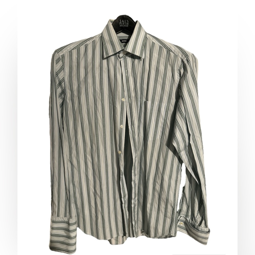 Hugo Boss Men's Shirt Size Large Long Sleeve Blue Green Stripe Classic Fit